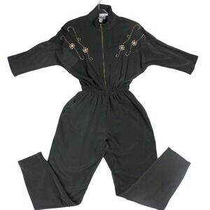 Vintage 80s Studded Rhinestone Jumpsuit Womens S Green Shoulder Pad Made USA